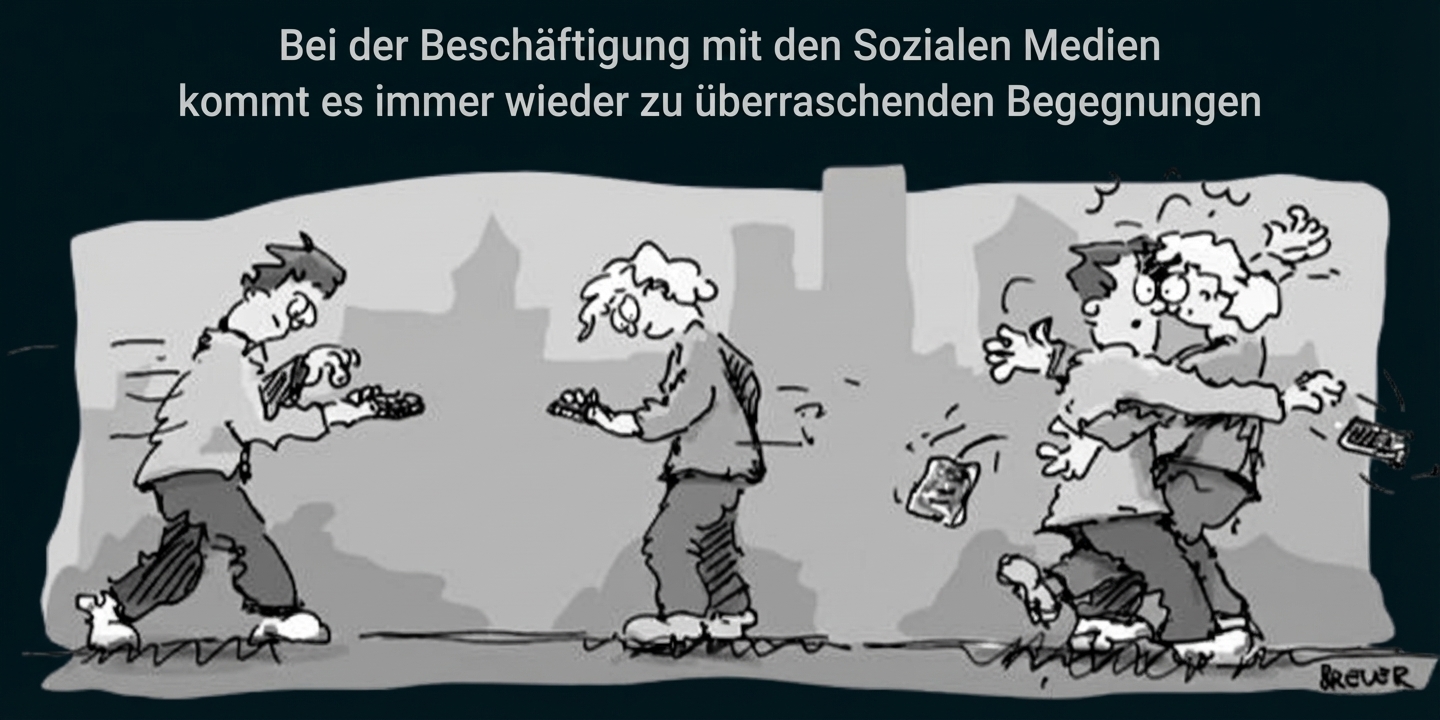 Cartoon: Menschen vertieft in Handys, zwei stoßen auf der Straße zusammen.
